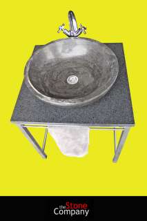 Waschtisch mit Edelstahlgestell, Platte Granit u. rundes Blaustein 