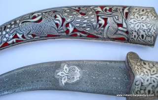 hunting knife dagger damascus blade silver bidaree work  