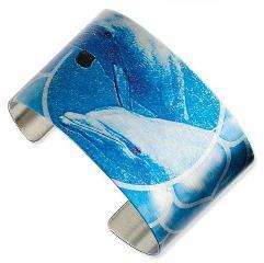 Wyland Collection Stainless Blue Dolphins Cuff Bangle  