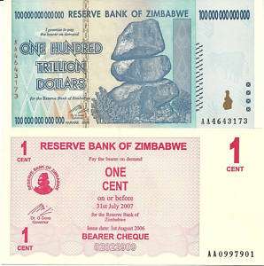 100 TRILLION ZIMBABWE DOLLAR & 1 CENT BEARER CHEQUE SET  
