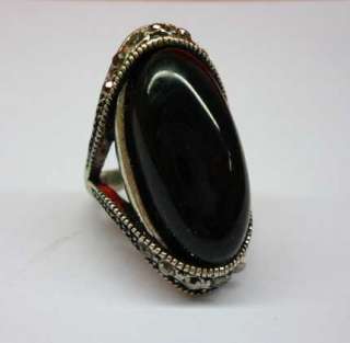 Charming Vintage Silver Small Oval Black Jade Ring Size 6  