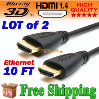 LOT 2 Premium High Speed 10FT HDMI Cable 1.4 w/Ethernet 3D BluRay HDTV 