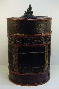   Hand Made Indonesian Leather & Reed Lidded Basket Box Carved Wood Frog