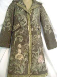   Green Embroidered Long Coat Jacket XS Embroidery floral flowers  