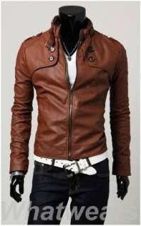 Mens Slim Fitted PU Leather Coat Jacket Brown 3 Size Z74  