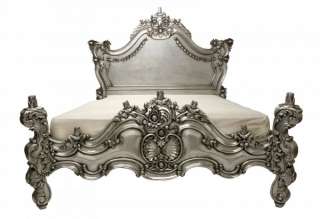 French Style Bedroom Furniture Silver Carved Bed King size Opulent 