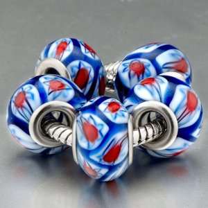  Handmade Deep Blue White Flower Glass Beads (5 Pack )fits 