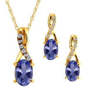   Blue Tanzanite Gemstone 10k Yellow Gold Pendant Earrings Set Jewelry