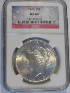 1923 BU Silver Peace Dollar. NGC MS 64. Bright & White. FREE US 