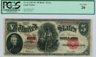 1907 WOODCHOPPER $5 PCGS VF 20 RED SEAL PCBLIC ERROR NOTE