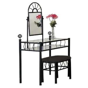  Black Metal Bedroom Vanity with Glass Table & Bench Set 