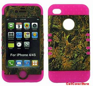 Apple iPhone 4 4S Rocker Pink Soft Skin Camo Brown Leaves Hard Case 