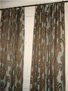   Ikat styled Curtains Drapery Blue Brown cotton designer PAIR  
