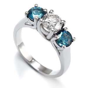  3 Stone Round White Diamond & Blue Diamond Accented Ring 