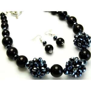  Chunky bold Black Glass Beads and Pearl Necklace Set 