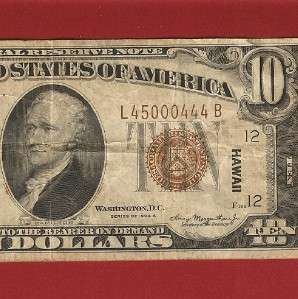 US CURRENCY 1934A HAWAII $10, WORLD WAR II EMERGENCY, VERY FINE Old 