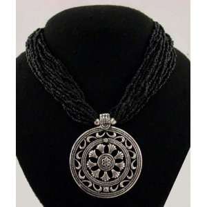   Tibetan Black Coral Silver Floral Pendant Necklace ~ 