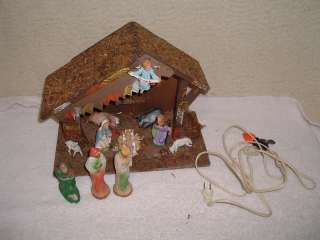 Vintage Nativity Set Lighted Italy Italian w Wood Stable  