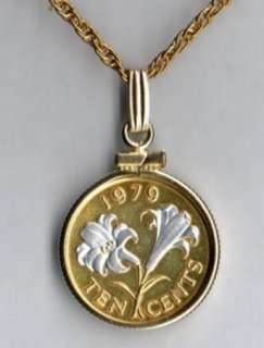Gold on Silver White Lily Bermuda Coin Necklace in Gold Filled Plain 