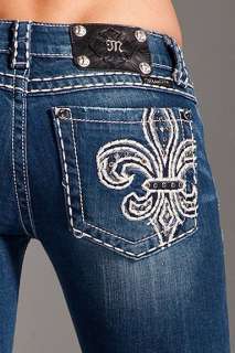 Miss Me Fleur De Lis Stitched Crystal Skinny Jeans  