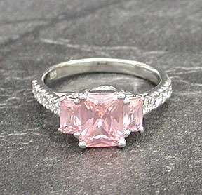   Princess Pink Ice CZ 3 Stone Ring .925 Jewelry Cubic Zirconia  