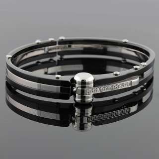   Steel Black and Silver Handcuff White Crystals CZ Mens Bracelet  