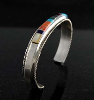   Turquoise Coral Onyx Inlay Bracelet Navajo Sterling Silver  