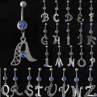 Initial Letter Dangle Crystal Gemstone Navel Belly Button Bar Ring 