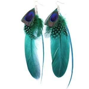  Natural Green and Peacock Feather Dangling Earrings   7 8 