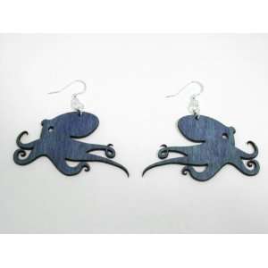  Evening Blue Octopus Wooden Earrings GTJ Jewelry