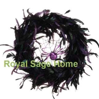 RAZ 20 Halloween Feather Wreath Black Purple w/Spider  