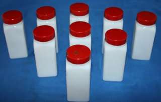 Vtg Depression Glass White Spice Jars Set of 9 Red Lids  
