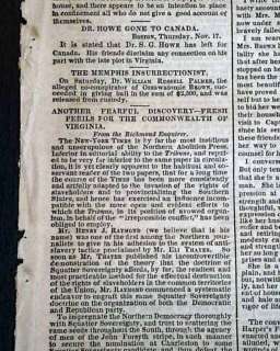 1859 OLD NEWSPAPER Harpers Ferry WV JOHN BROWN Negroes SLAVES 