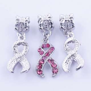  Pink Crystal Ribbon Pendant Bead Breast Cancer Awareness Fit Bracelets
