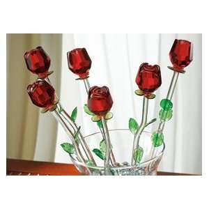  Red Bouquet 6 Glass Roses with Green Leaves