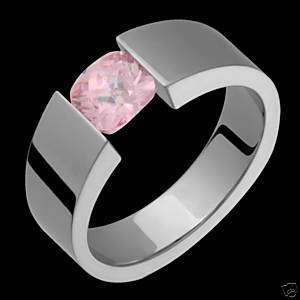 Titanium Pink Tourmaline Tension Set Wedding Band Rings  