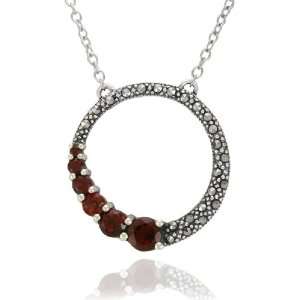    Sterling Silver Marcasite and Garnet Open Circle Necklace Jewelry