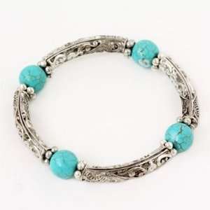   Antique Silver with Turquoise Beaded Stretch Bracelet Fashion Jewelry